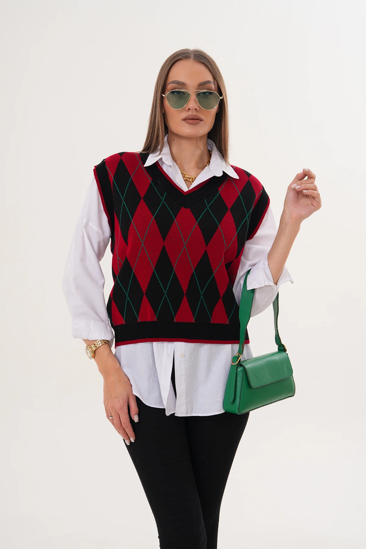 V Yaka Baklava Desenli Triko Süveter