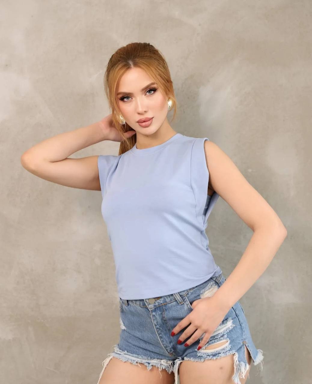 Vatka Görünümlü Bisiklet Yaka Kolsuz Basic T-Shirt - Mavi