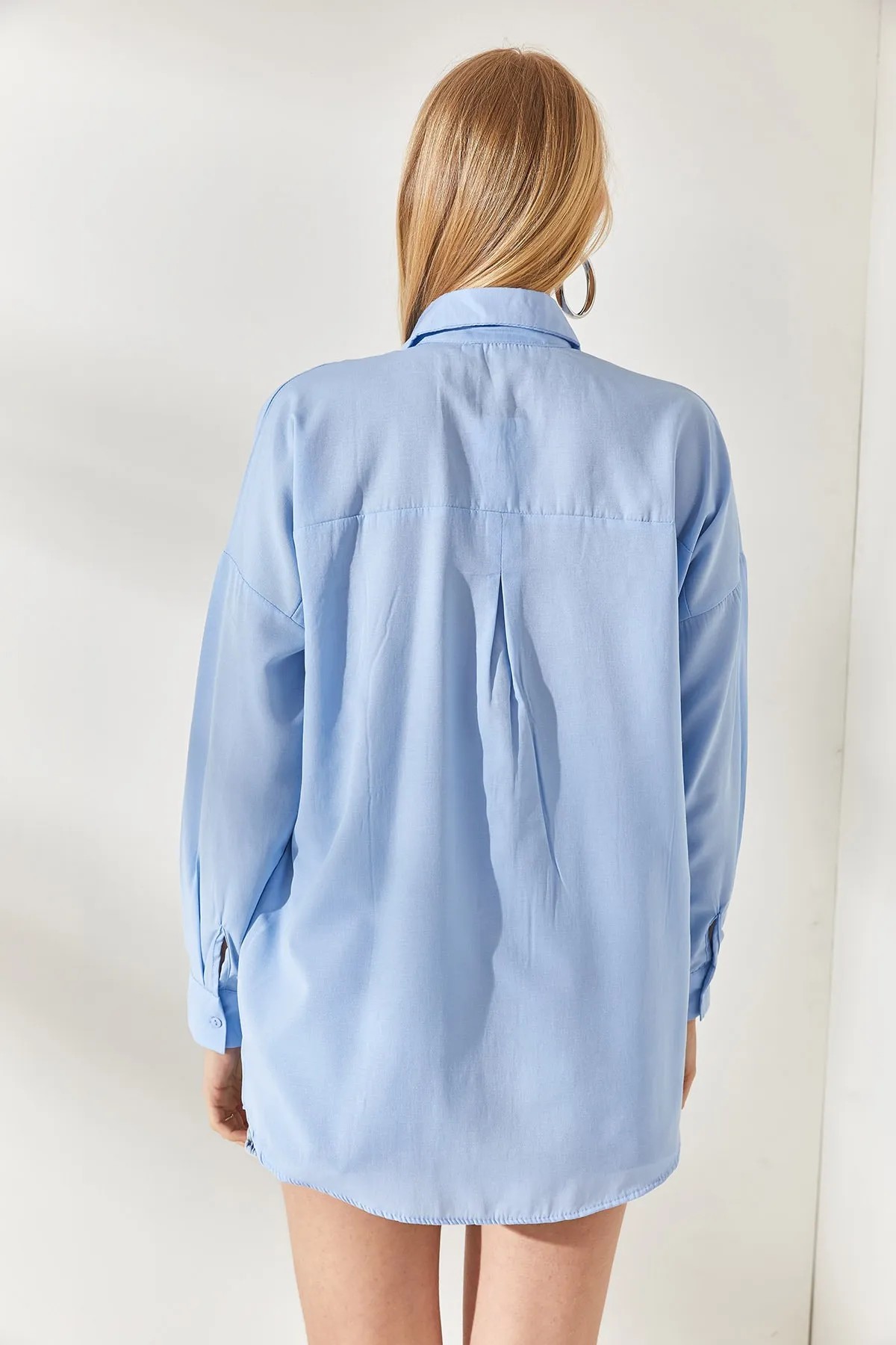 Palmiye Pul Detaylı Oversize Dokuma Poplin Gömlek - Toptan