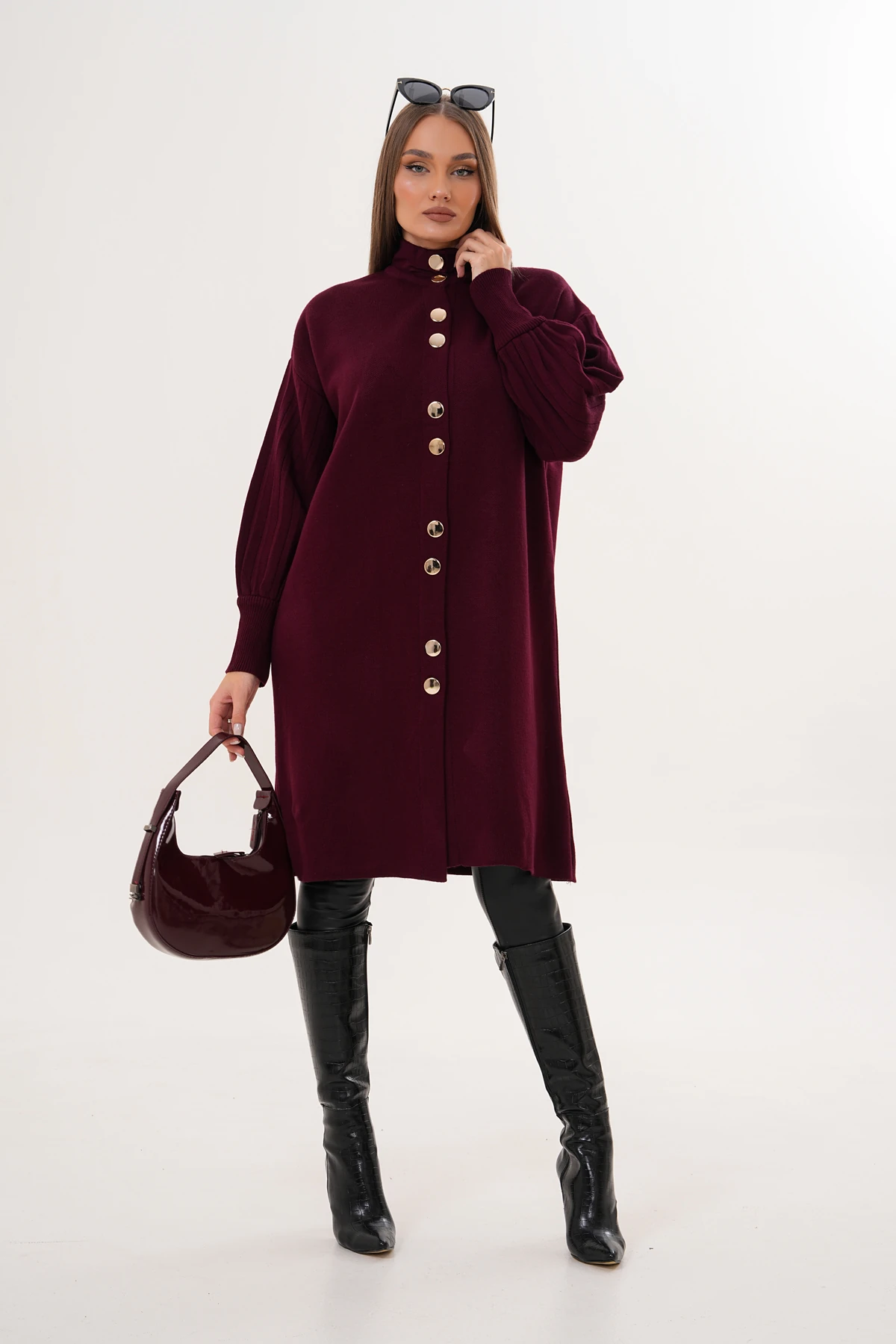 Önü Düğmeli Uzun Triko Hırka - Bordo