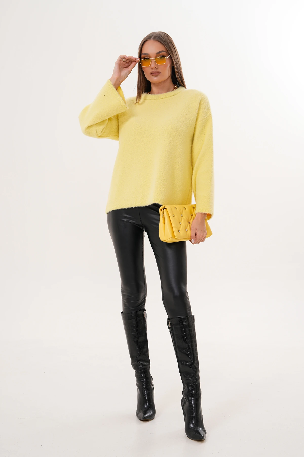 Bisiklet Yaka Sakallı Düz Triko Kazak - Sarı