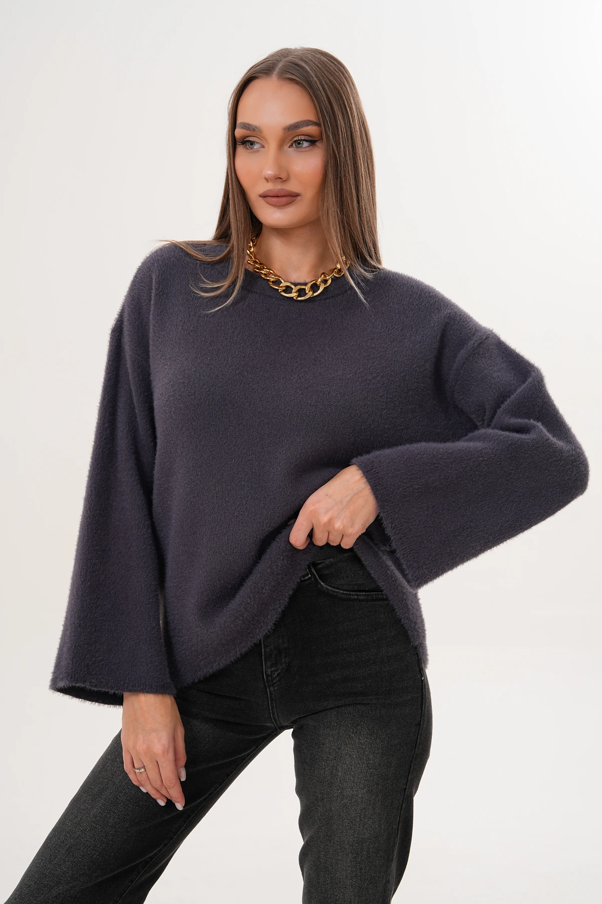 Bisiklet Yaka Sakallı Düz Triko Kazak