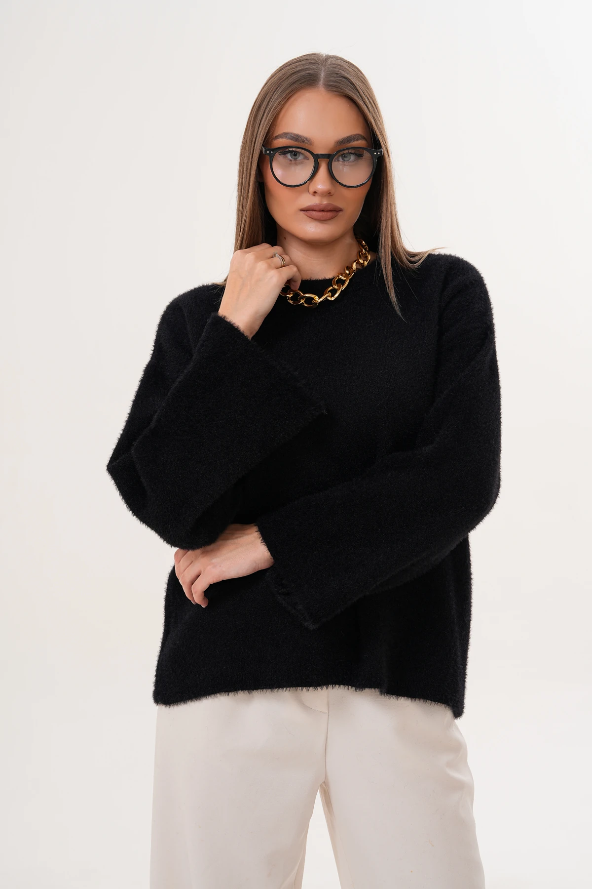 Bisiklet Yaka Sakallı Düz Triko Kazak - Siyah