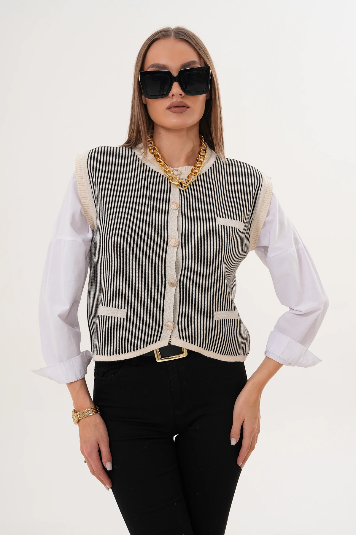 Bisiklet Yaka Düğmeli Çizgili Triko Süveter