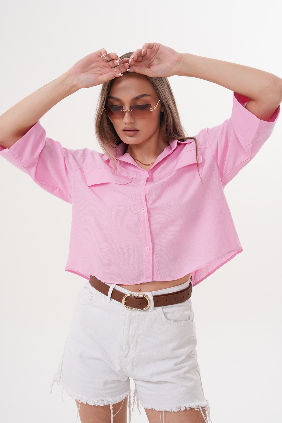 Düz Çift Cep Kapaklı Crop Gömlek - Pembe