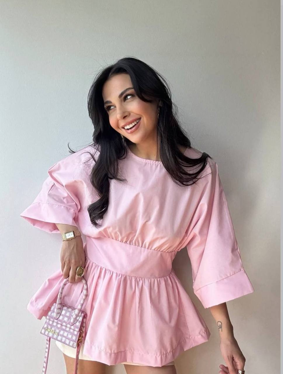 Beli Kuşak Görünümlü Balon Bluz - Pembe