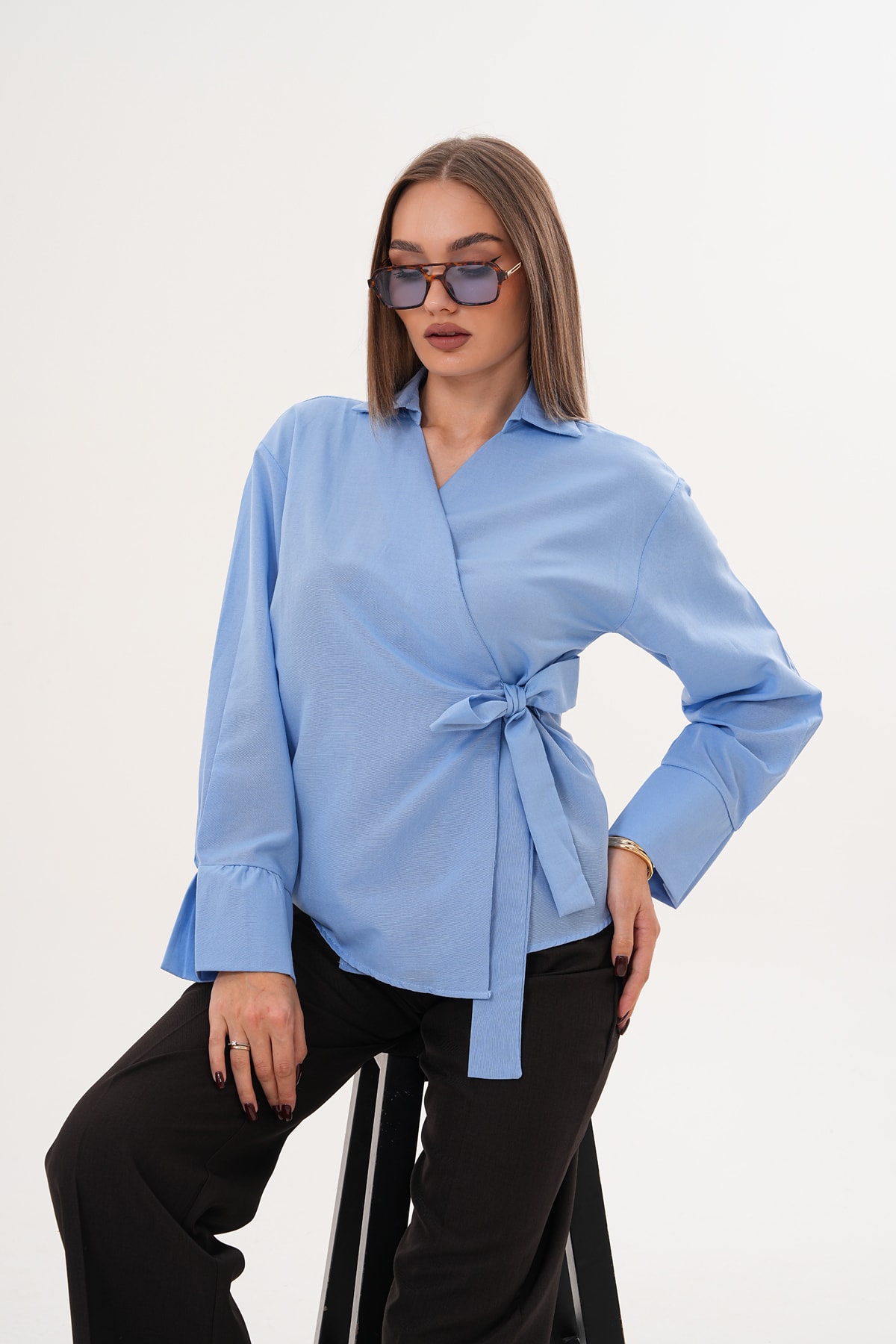 Önü Bağlamalı Düz Kimono Gömlek - Mavi