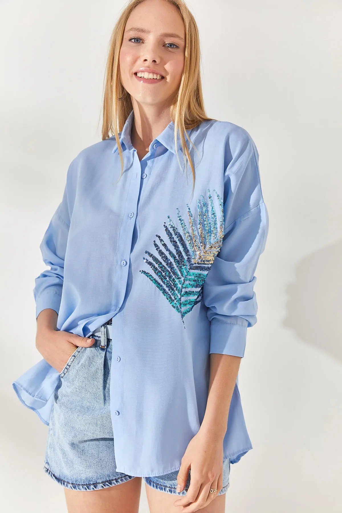 Palmiye Pul Detaylı Oversize Dokuma Poplin Gömlek - Toptan