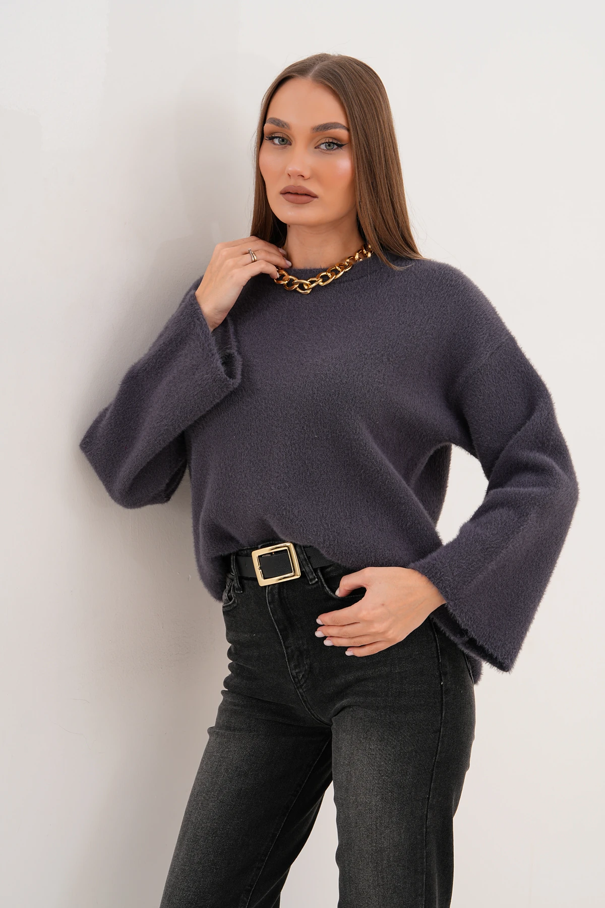 Bisiklet Yaka Sakallı Düz Triko Kazak