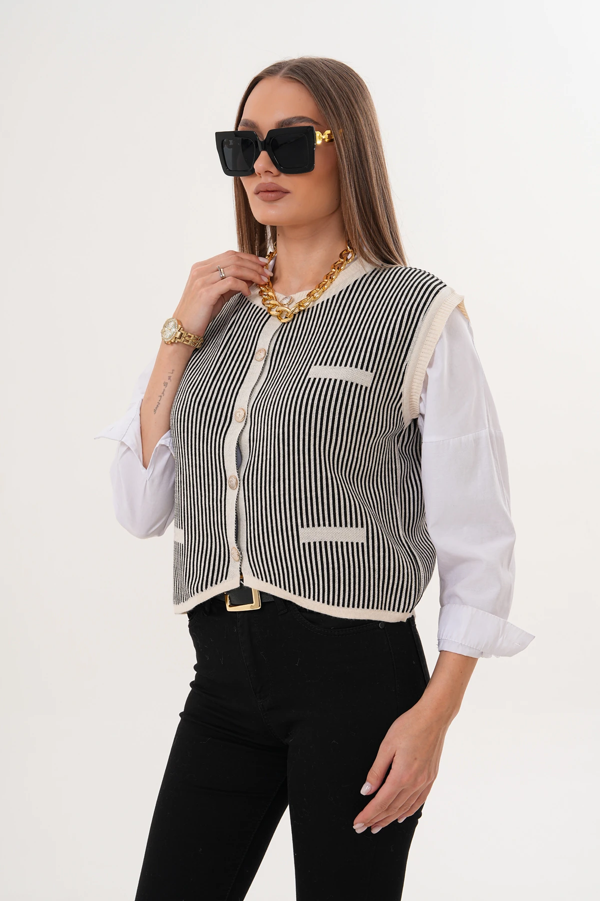 Bisiklet Yaka Düğmeli Çizgili Triko Süveter