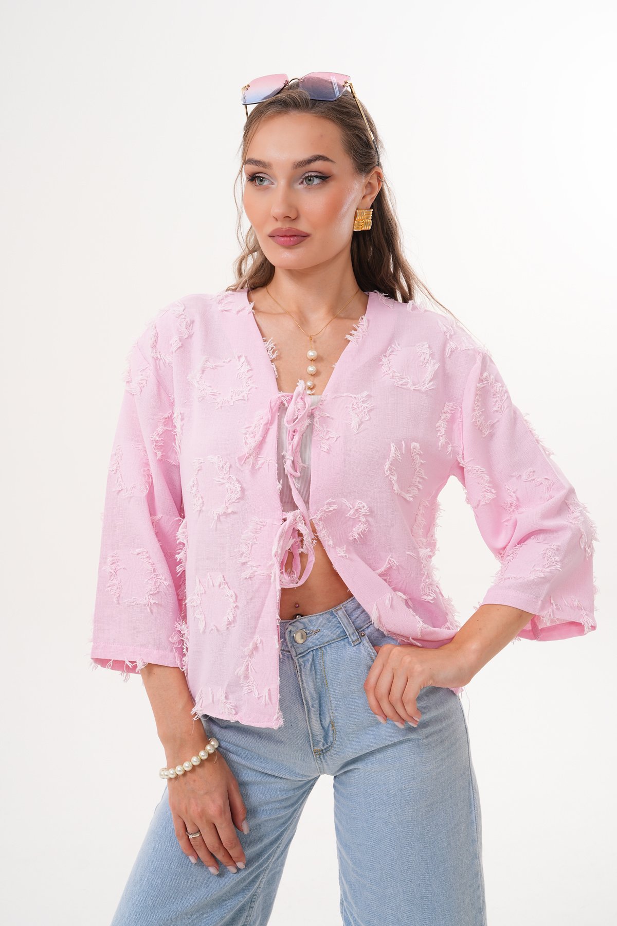 Önü Bağcıklı Jakarlı Keten Kimono Gömlek - Pembe