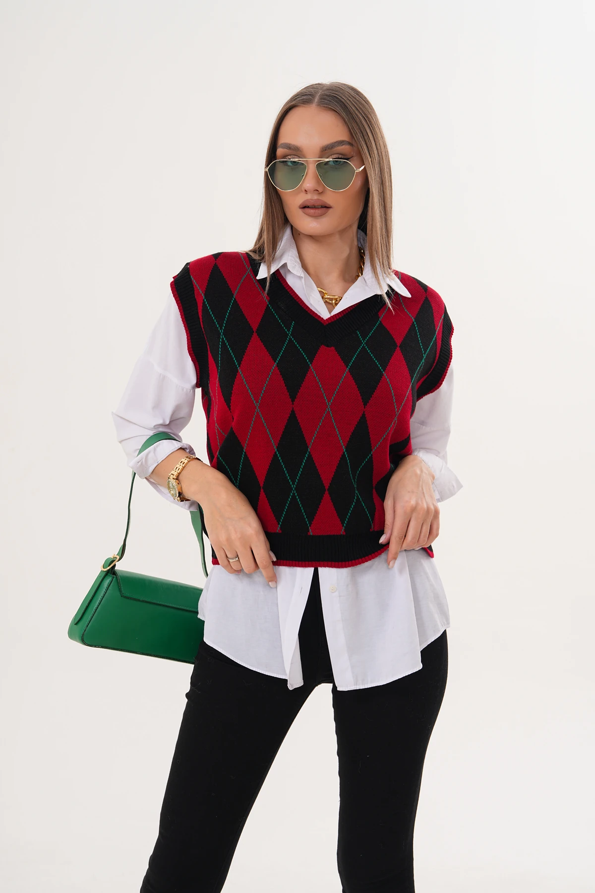 V Yaka Baklava Desenli Triko Süveter