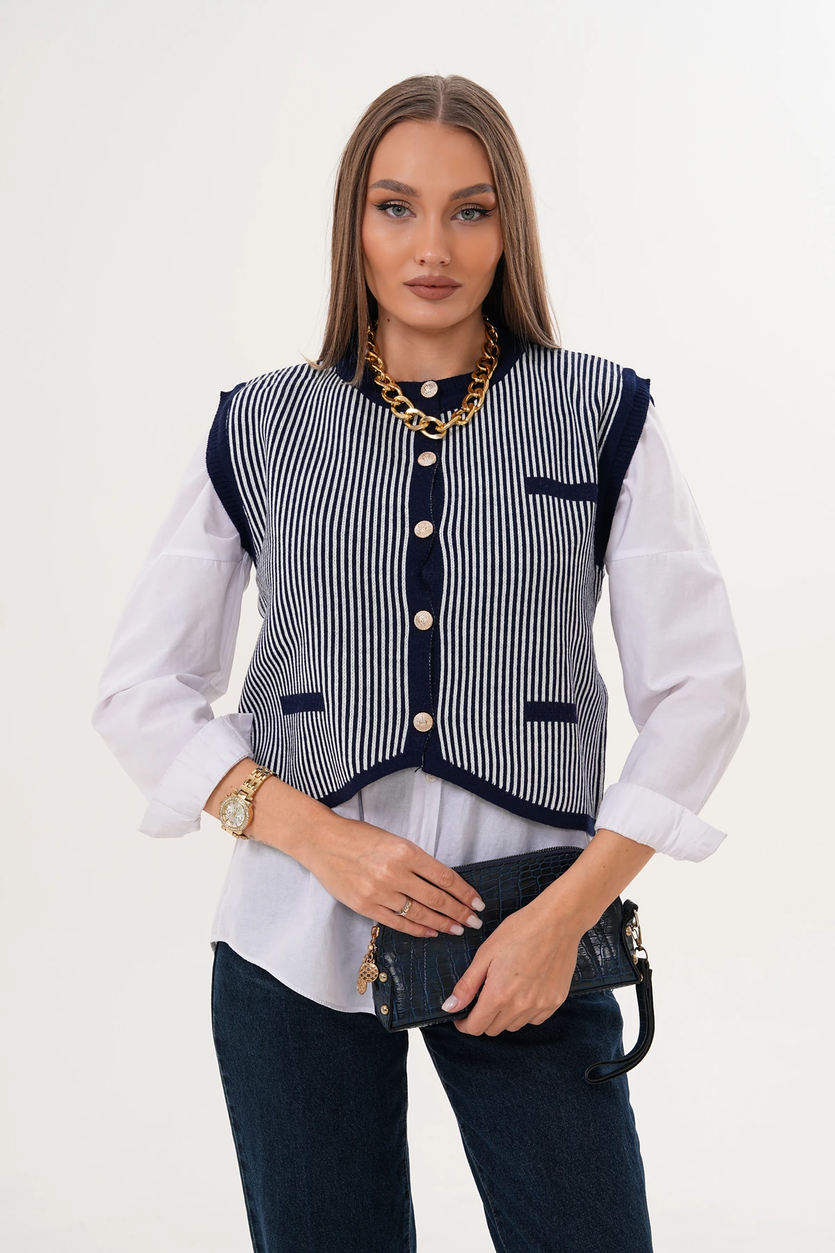 Bisiklet Yaka Düğmeli Çizgili Triko Süveter - Lacivert