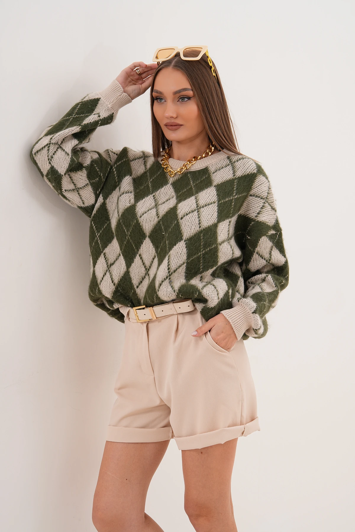 Bisiklet Yaka Baklava Desenli Triko Kazak