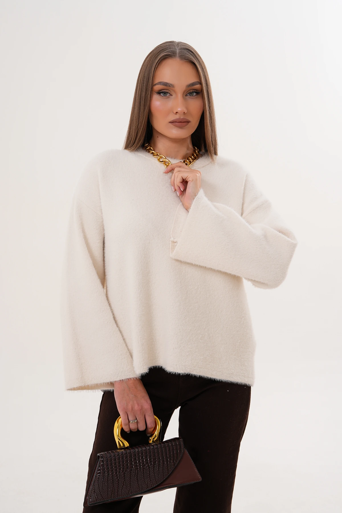 Bisiklet Yaka Sakallı Düz Triko Kazak - Ekru