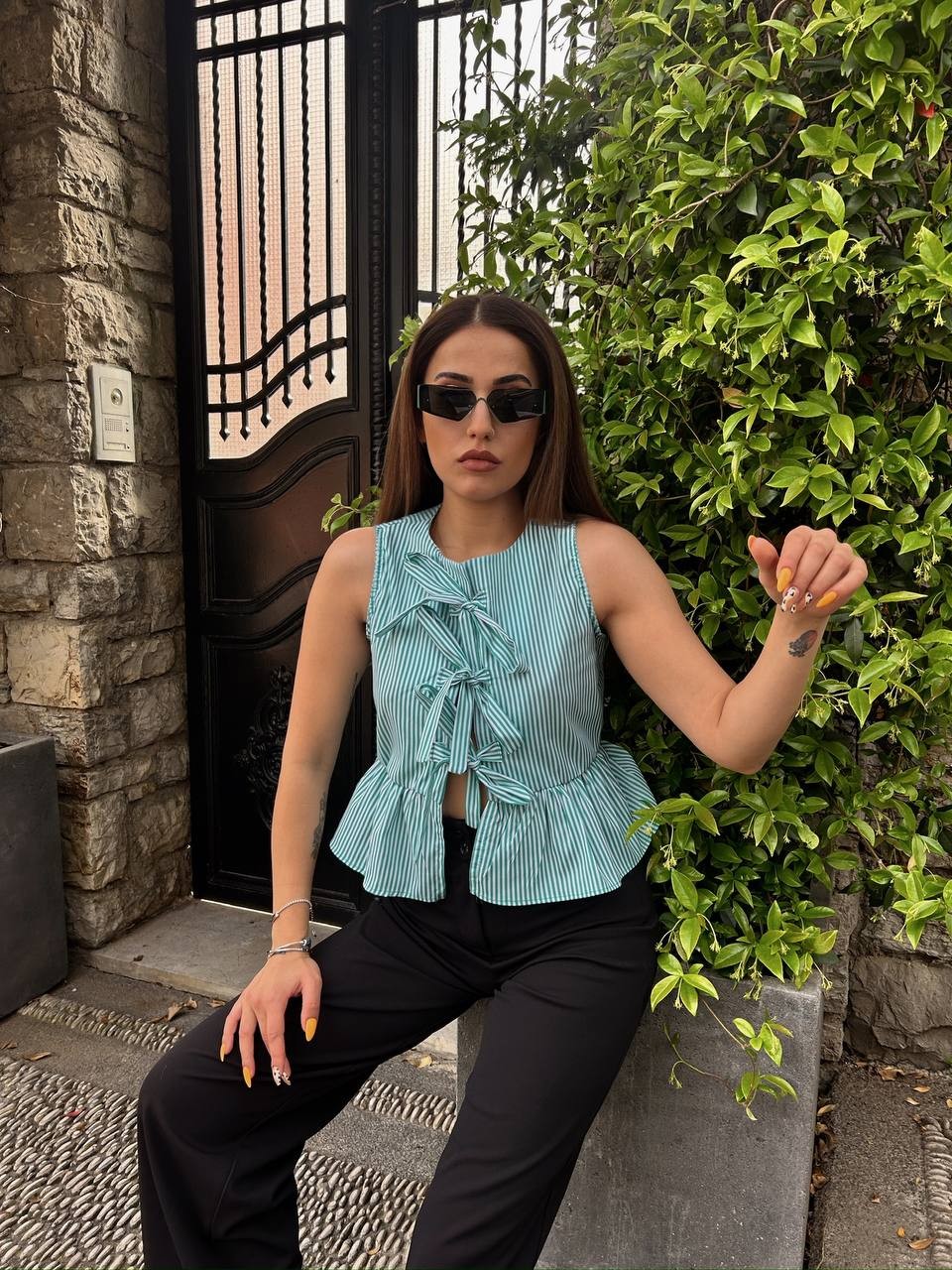 Sıfır Kol Önü Bağcıklı Çizgili Gömlek - Su Yeşili