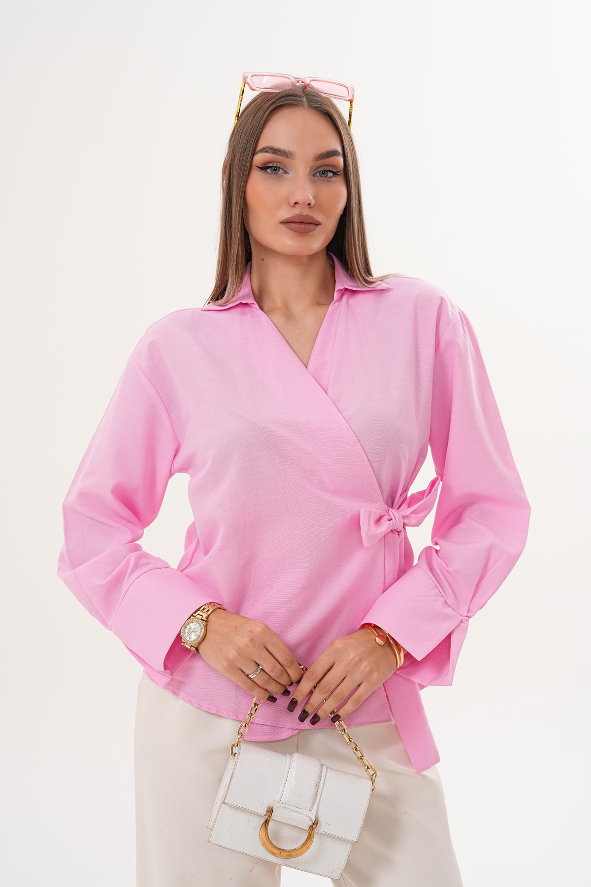 Önü Bağlamalı Düz Kimono Gömlek - Pembe