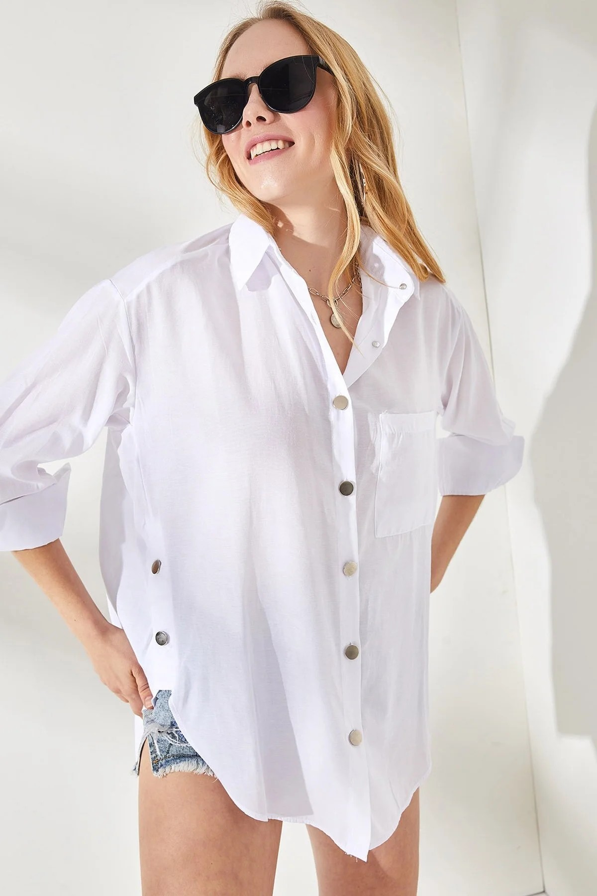 Yanları Düğme Detaylı Oversize Dokuma Gömlek - Toptan