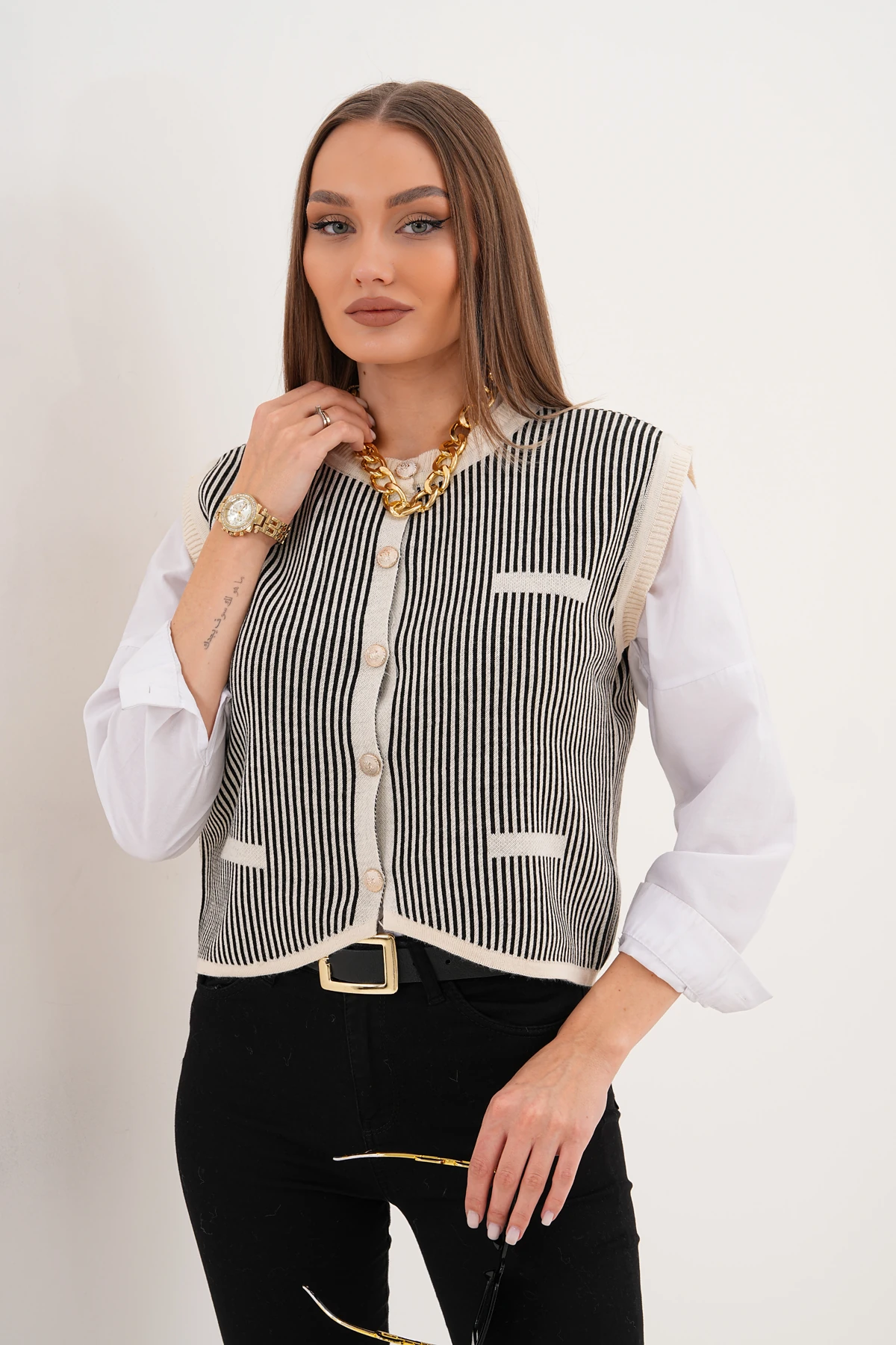 Bisiklet Yaka Düğmeli Çizgili Triko Süveter