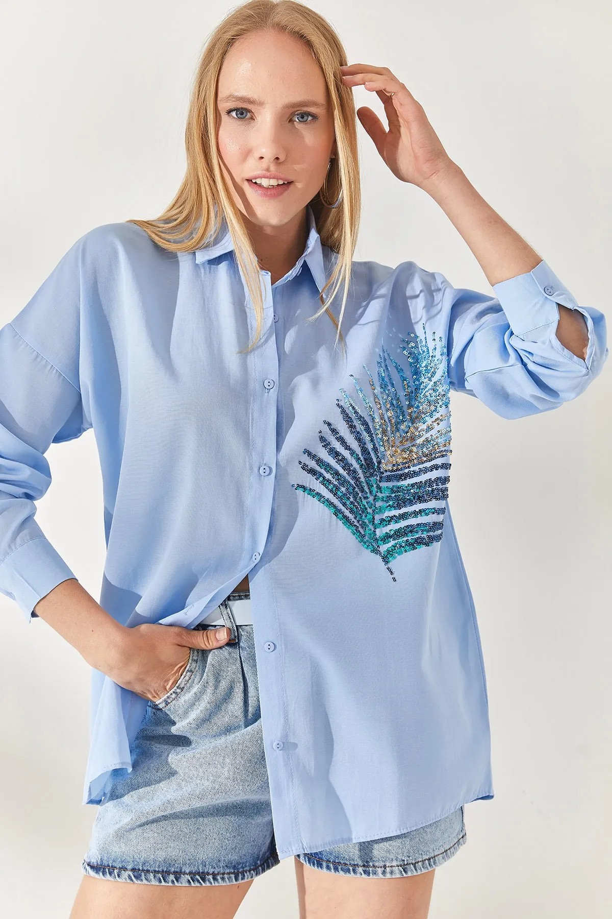 Palmiye Pul Detaylı Oversize Dokuma Poplin Gömlek - Toptan