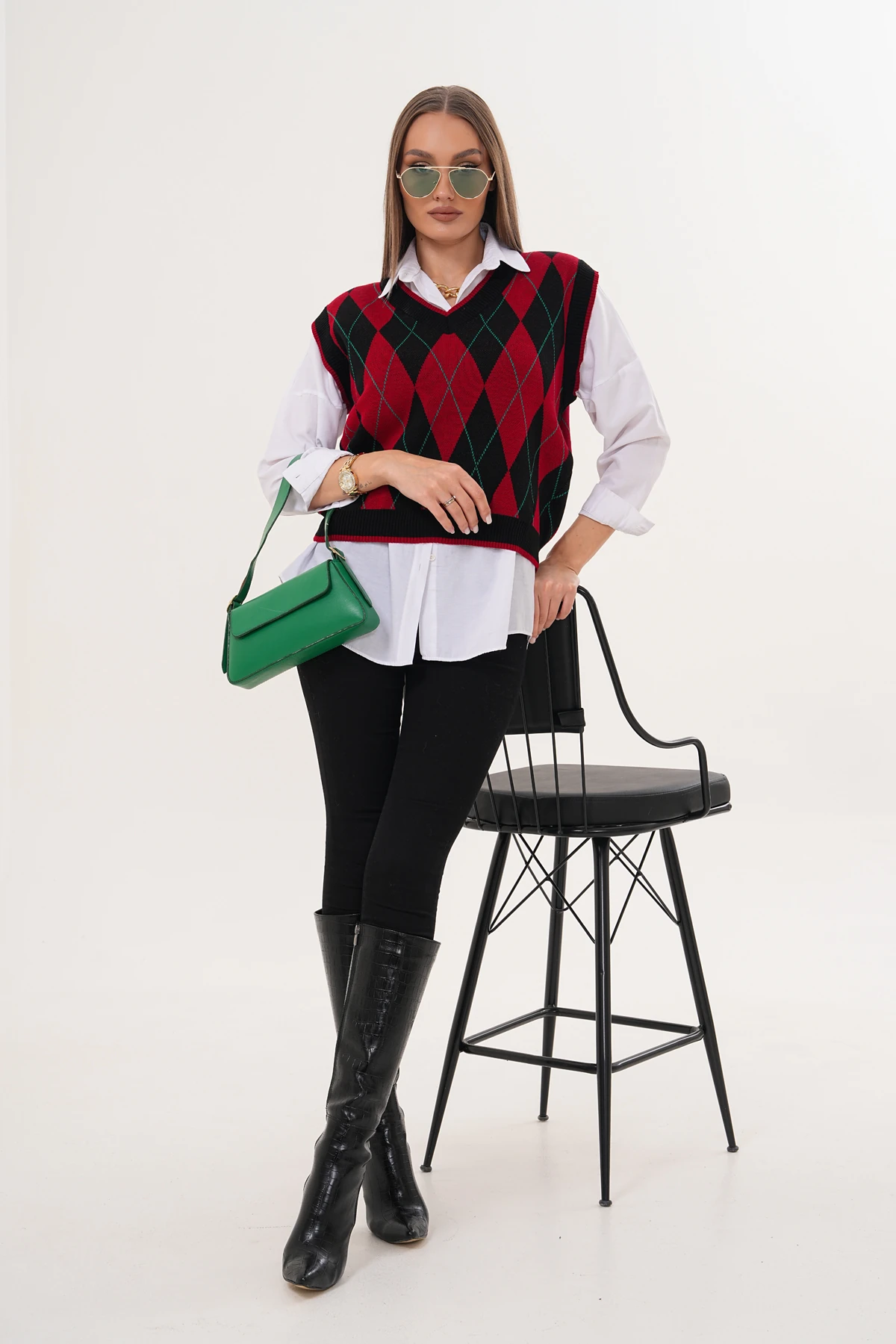 V Yaka Baklava Desenli Triko Süveter - Siyah