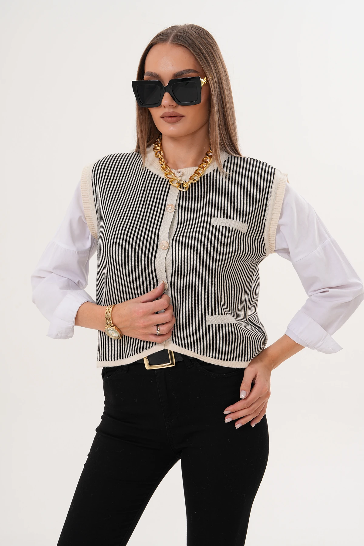 Bisiklet Yaka Düğmeli Çizgili Triko Süveter