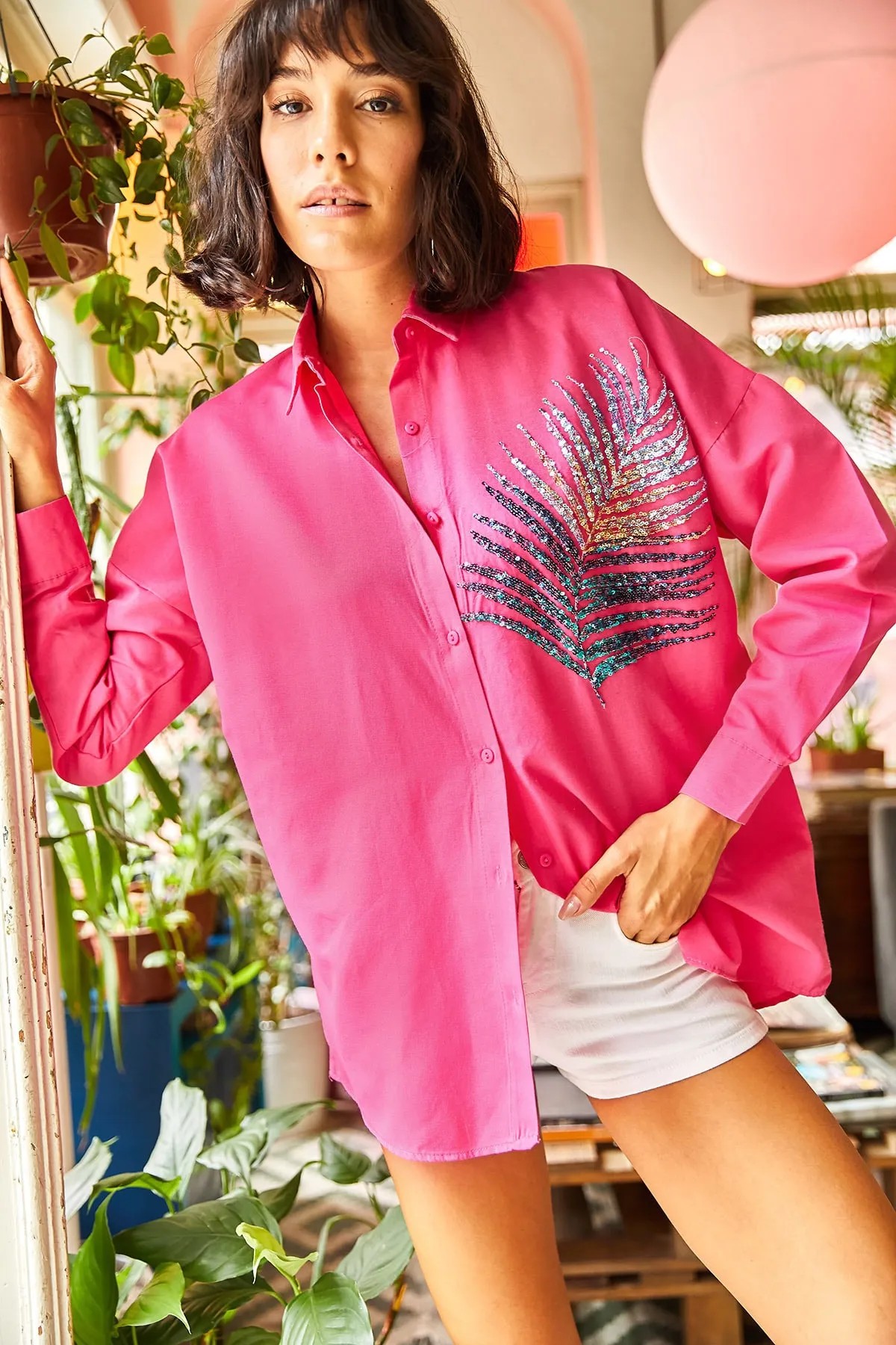 Palmiye Pul Detaylı Oversize Dokuma Poplin Gömlek - Toptan - Fuşya