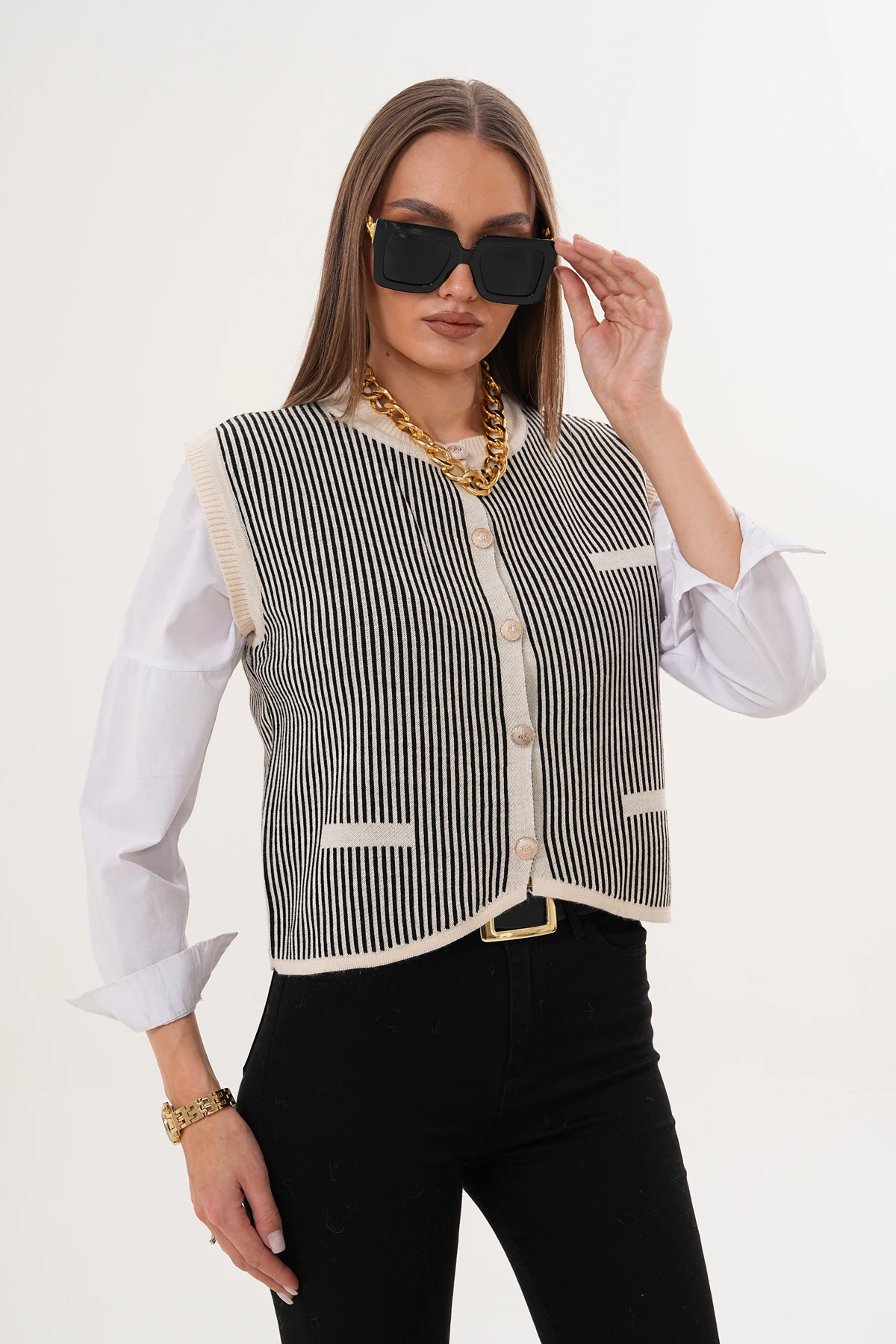 Bisiklet Yaka Düğmeli Çizgili Triko Süveter