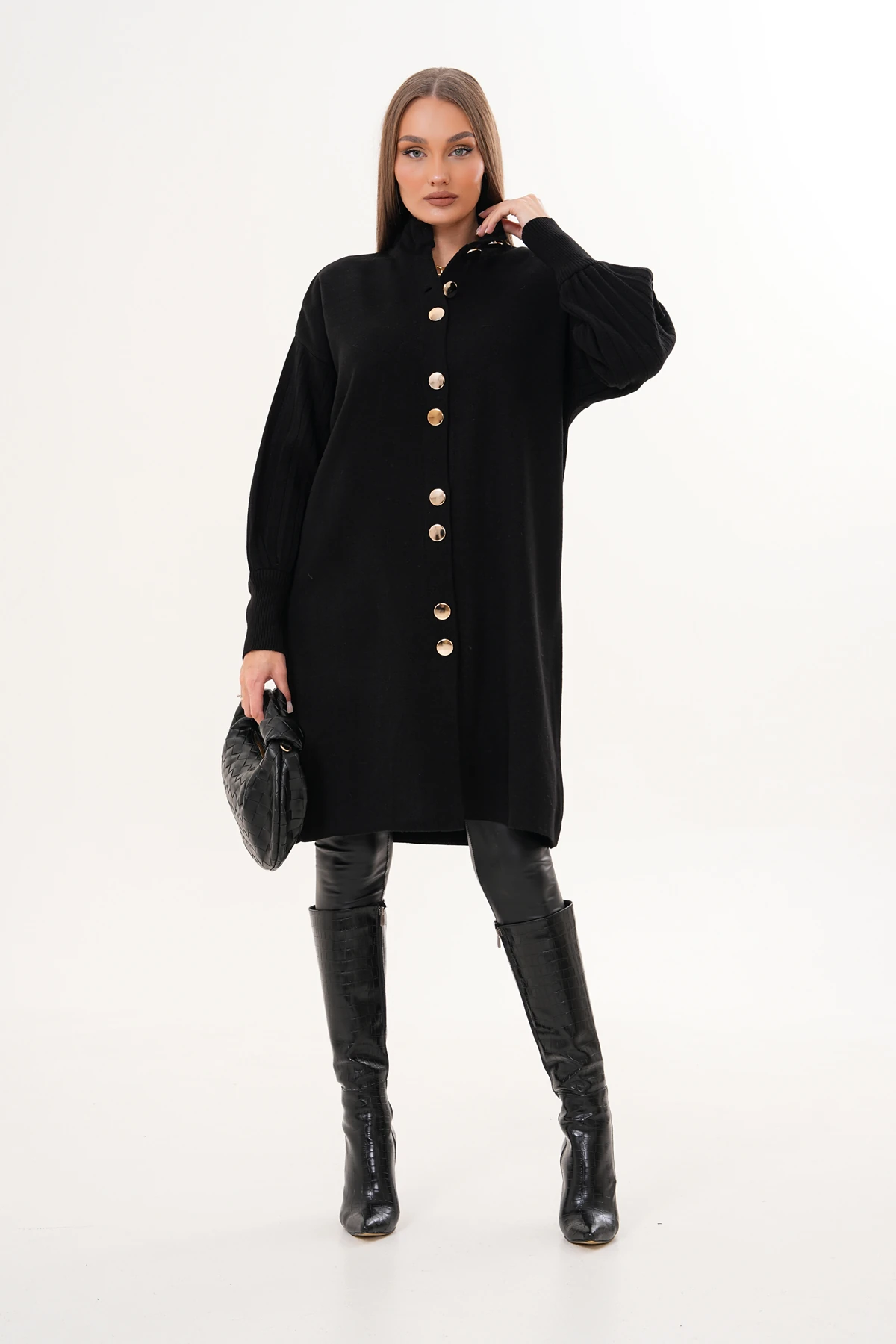 Önü Düğmeli Uzun Triko Hırka - Siyah