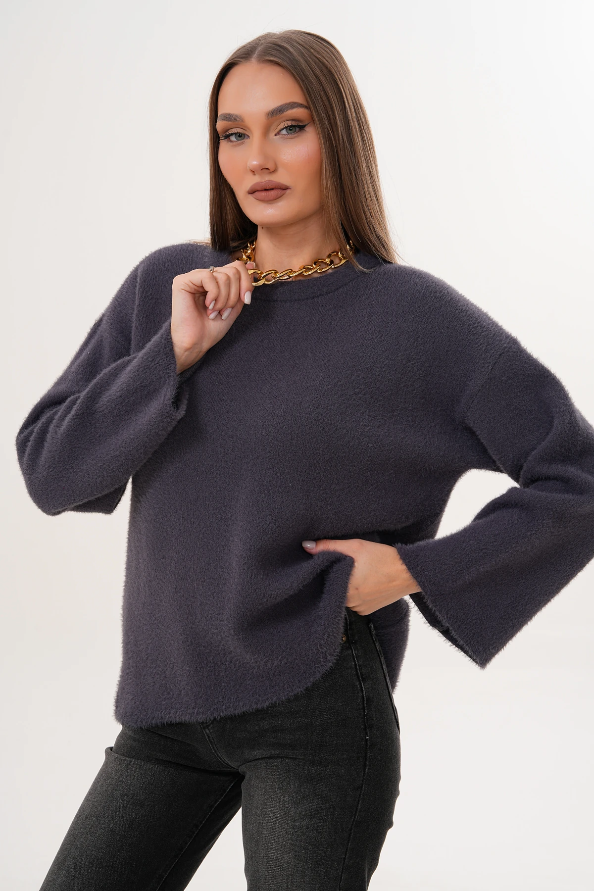 Bisiklet Yaka Sakallı Düz Triko Kazak