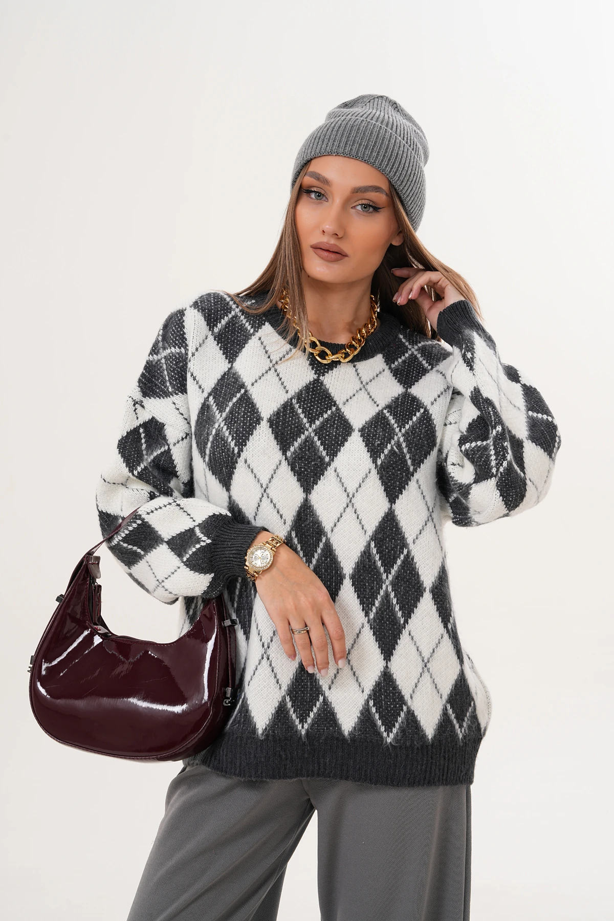 Bisiklet Yaka Baklava Desenli Triko Kazak - Gri