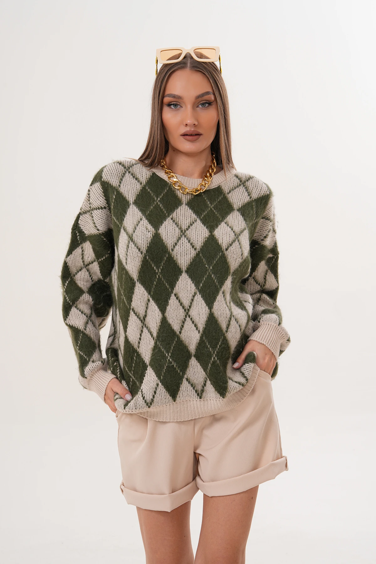 Bisiklet Yaka Baklava Desenli Triko Kazak