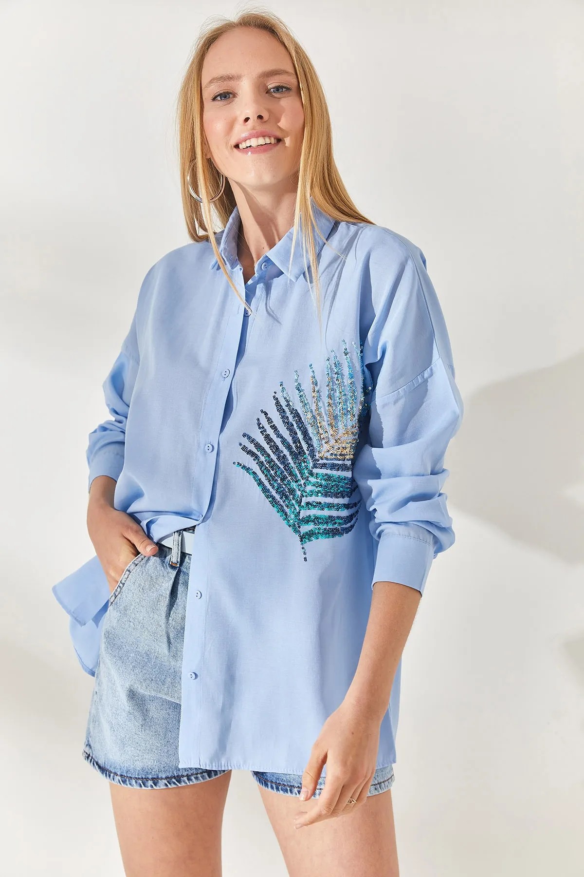 Palmiye Pul Detaylı Oversize Dokuma Poplin Gömlek - Toptan
