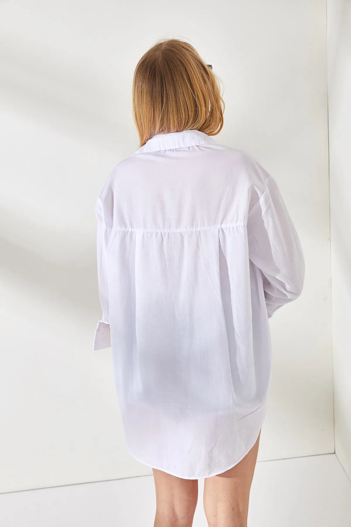 Yanları Düğme Detaylı Oversize Dokuma Gömlek - Toptan