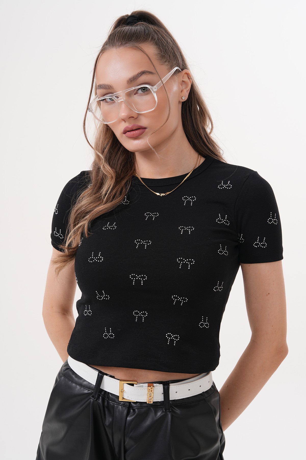 Taş Baskılı Kısa Kollu Crop