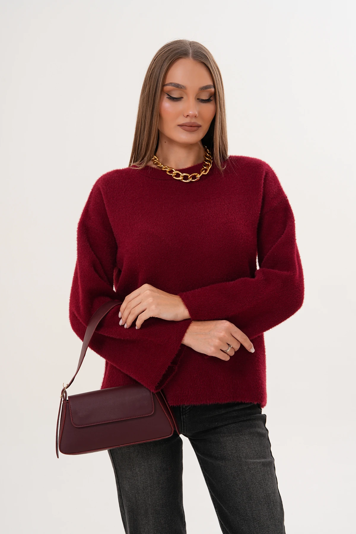 Bisiklet Yaka Sakallı Düz Triko Kazak - Bordo