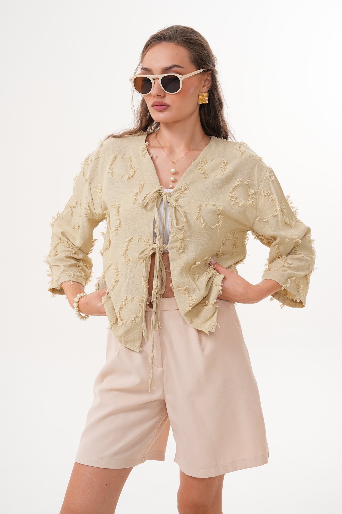Önü Bağcıklı Jakarlı Keten Kimono Gömlek - Yağ Yeşili