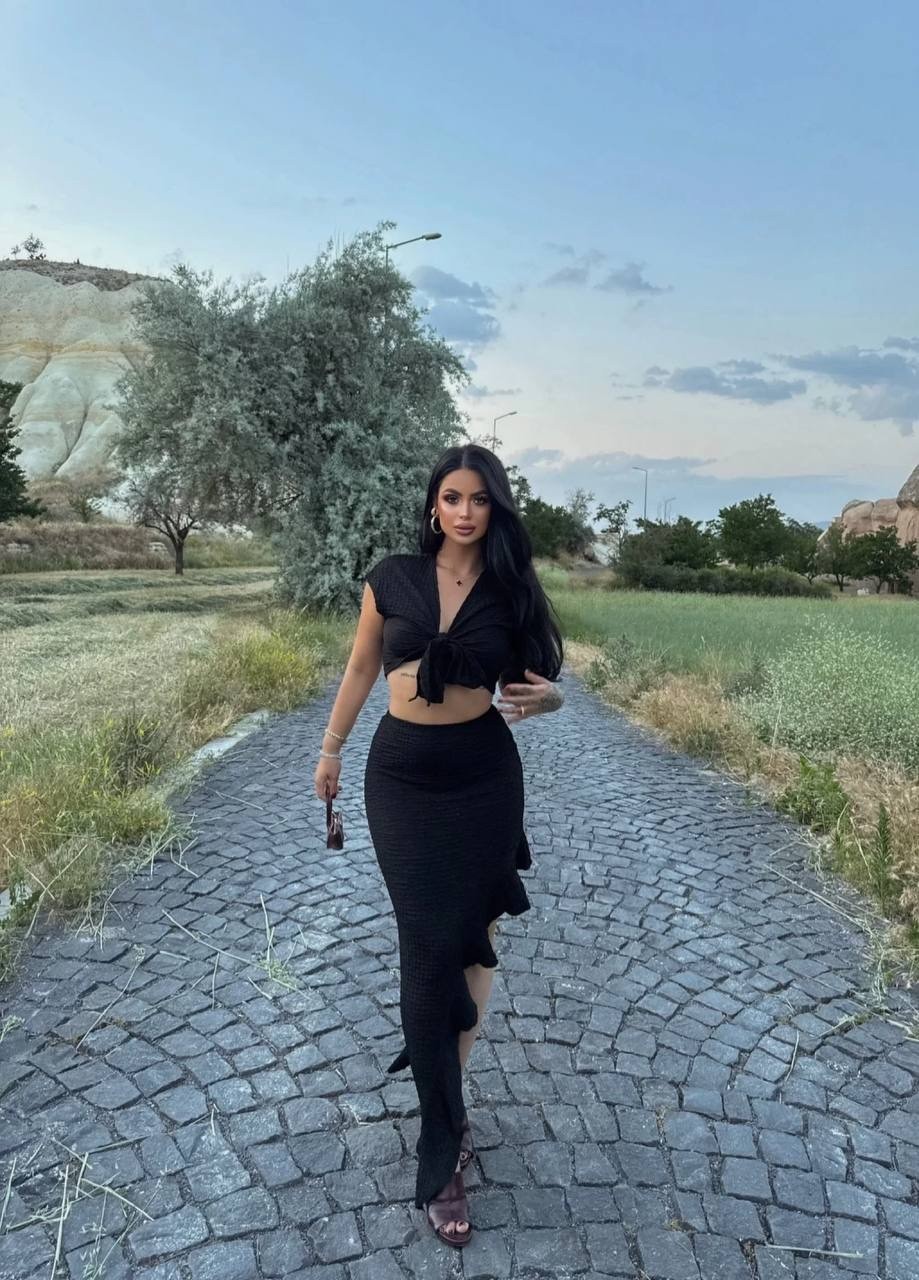 Önü Bağlamalı Etekli Takım - Siyah