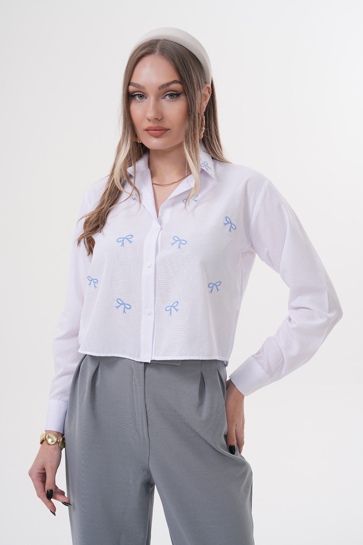 Fiyonk Nakışlı Düz Crop Gömlek - Toptan