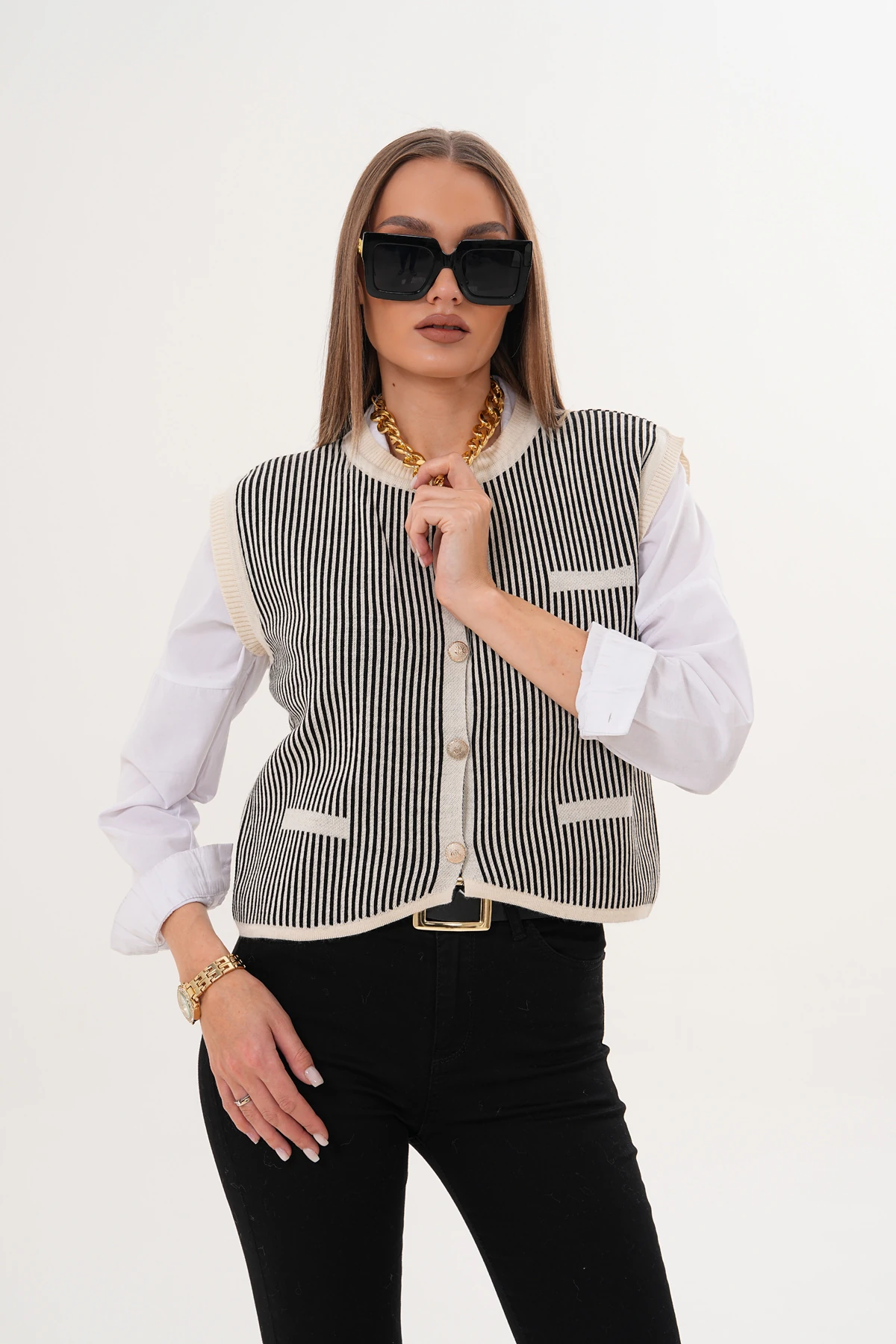 Bisiklet Yaka Düğmeli Çizgili Triko Süveter