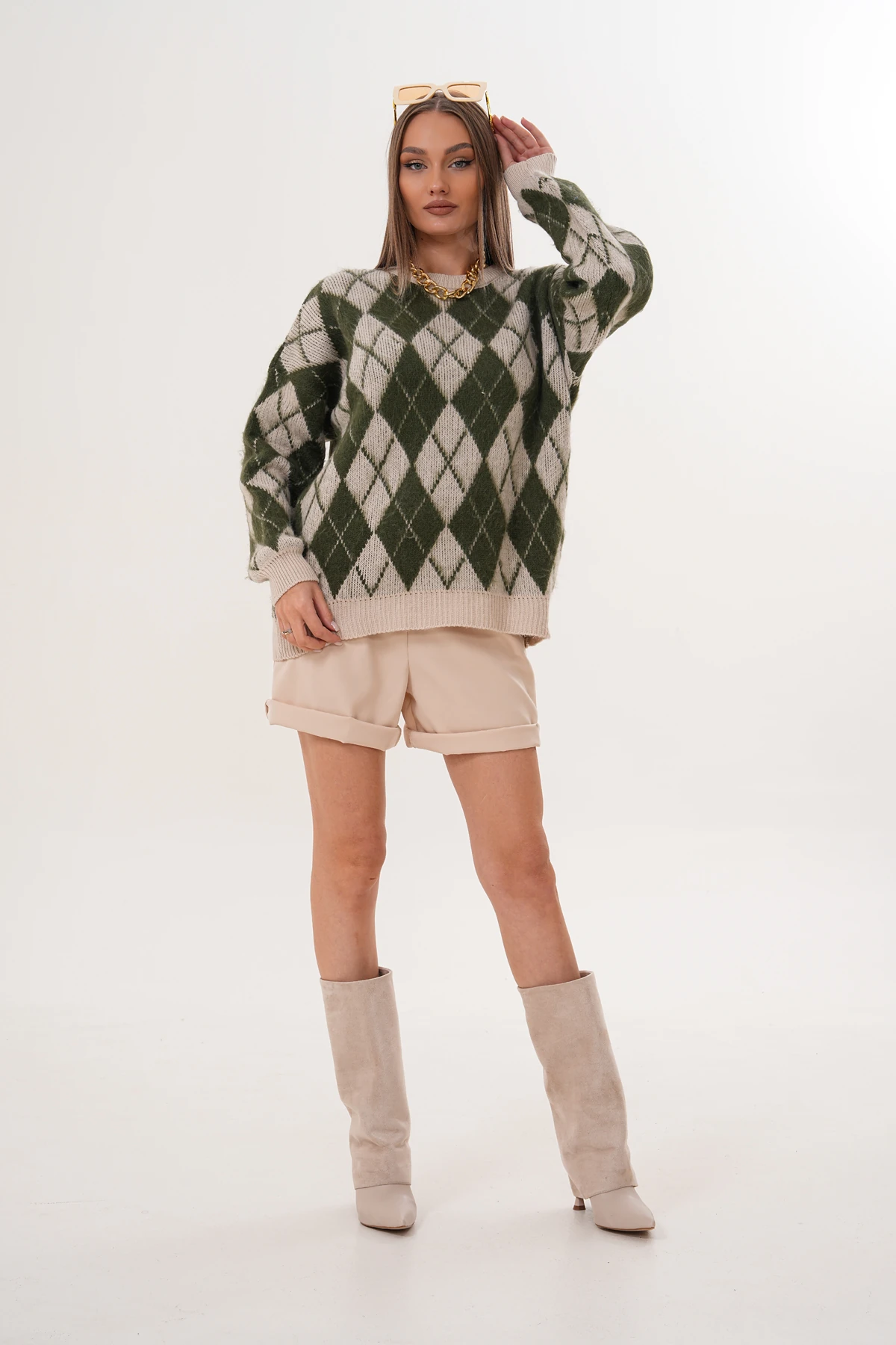 Bisiklet Yaka Baklava Desenli Triko Kazak