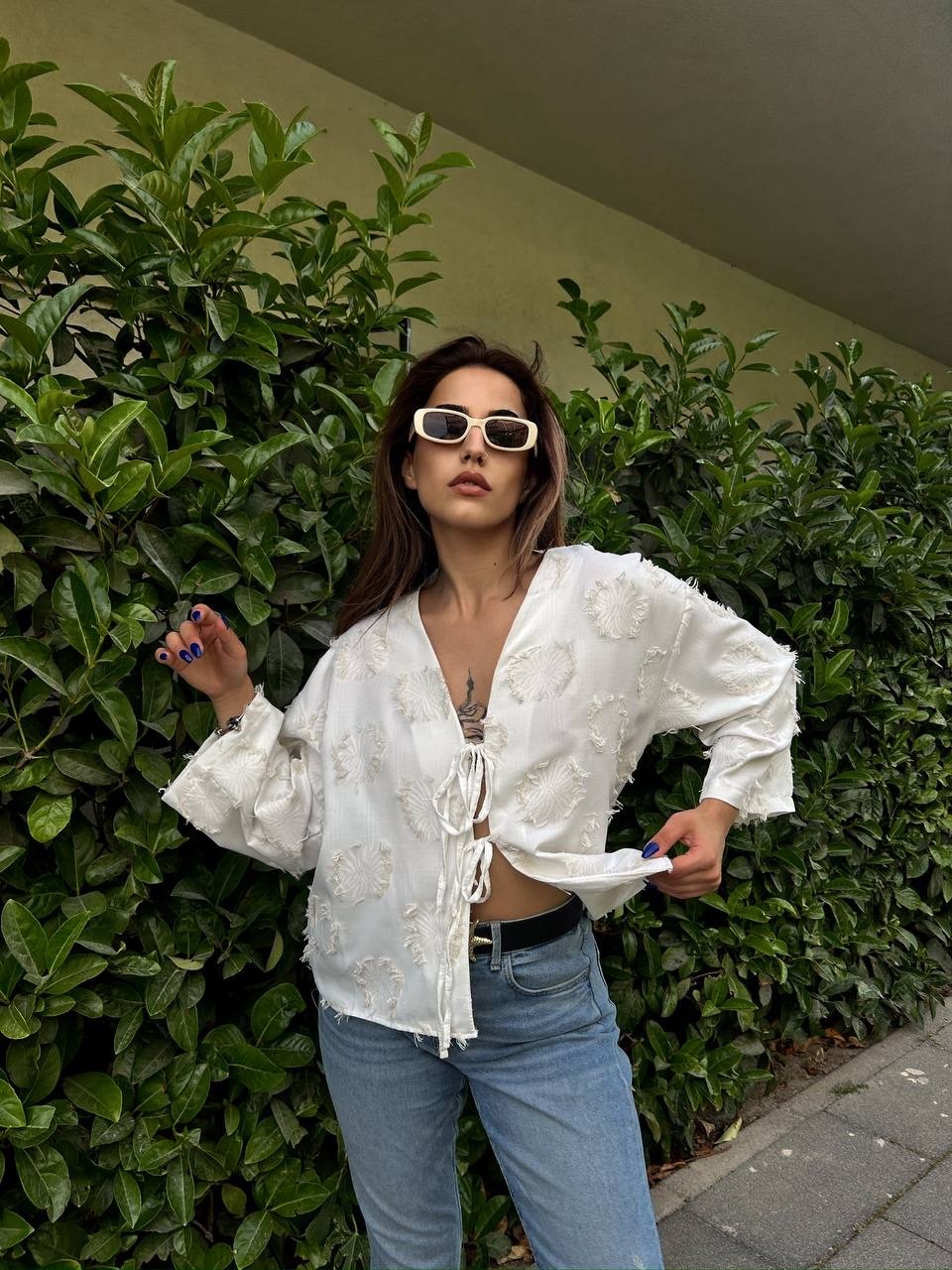 Önü Bağcıklı Jakarlı Keten Kimono