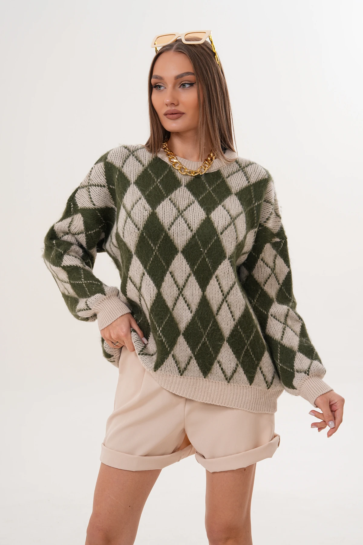 Bisiklet Yaka Baklava Desenli Triko Kazak