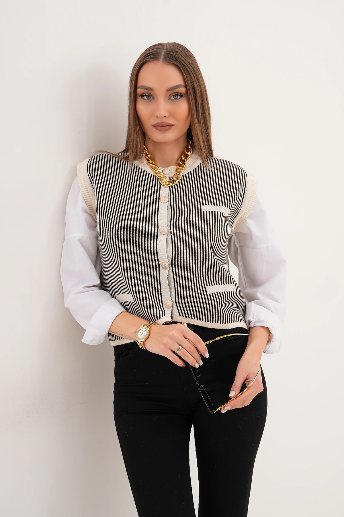 Bisiklet Yaka Düğmeli Çizgili Triko Süveter