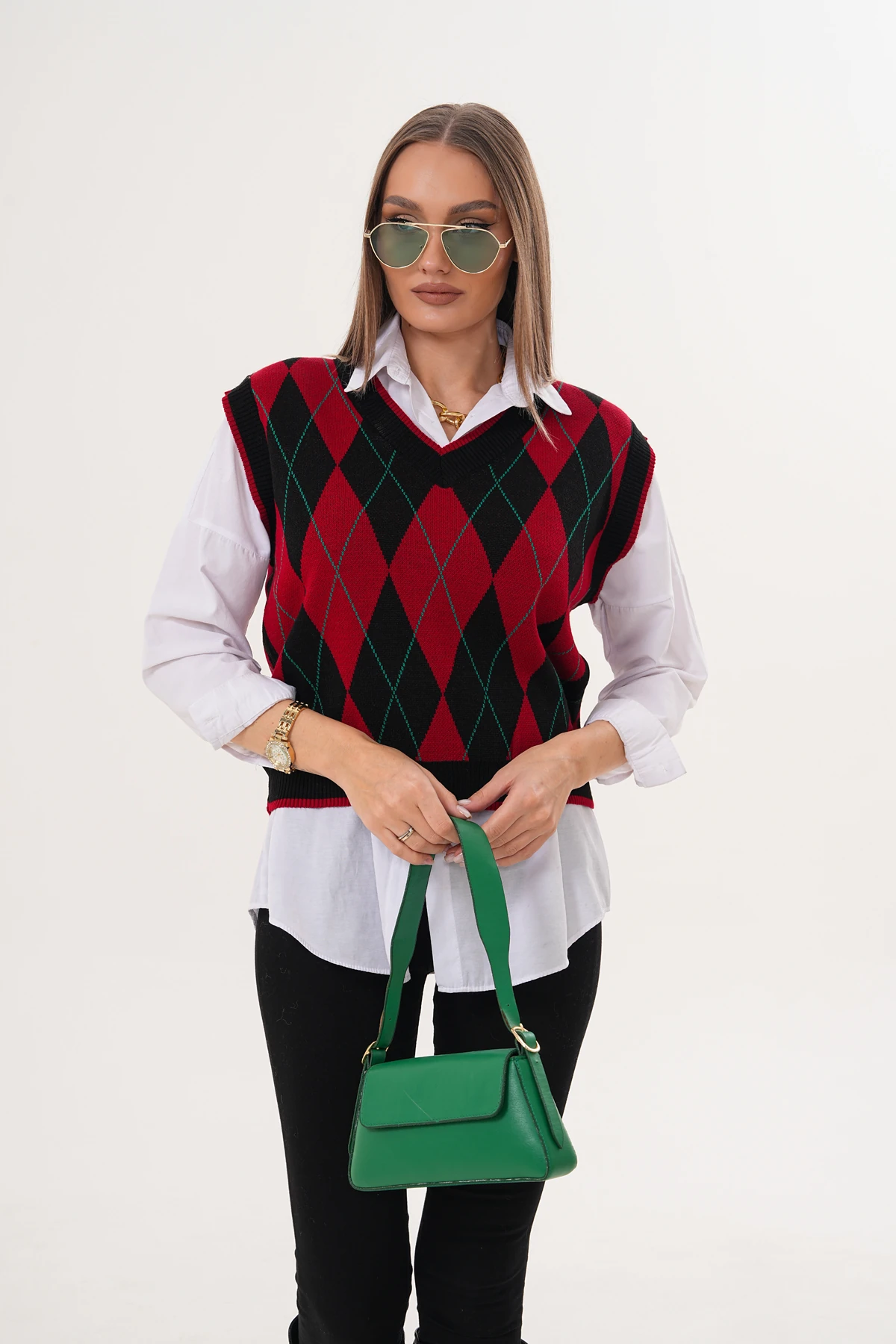 V Yaka Baklava Desenli Triko Süveter