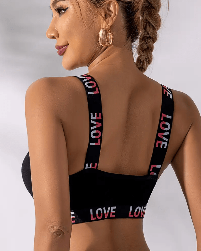 "LOVE" Baskılı Spor Sütyeni Siyah - Beyaz 2 Adet Nefes Alabilir Kendinden Çizgi Desenli Spor Sütyeni Rahat Giyim