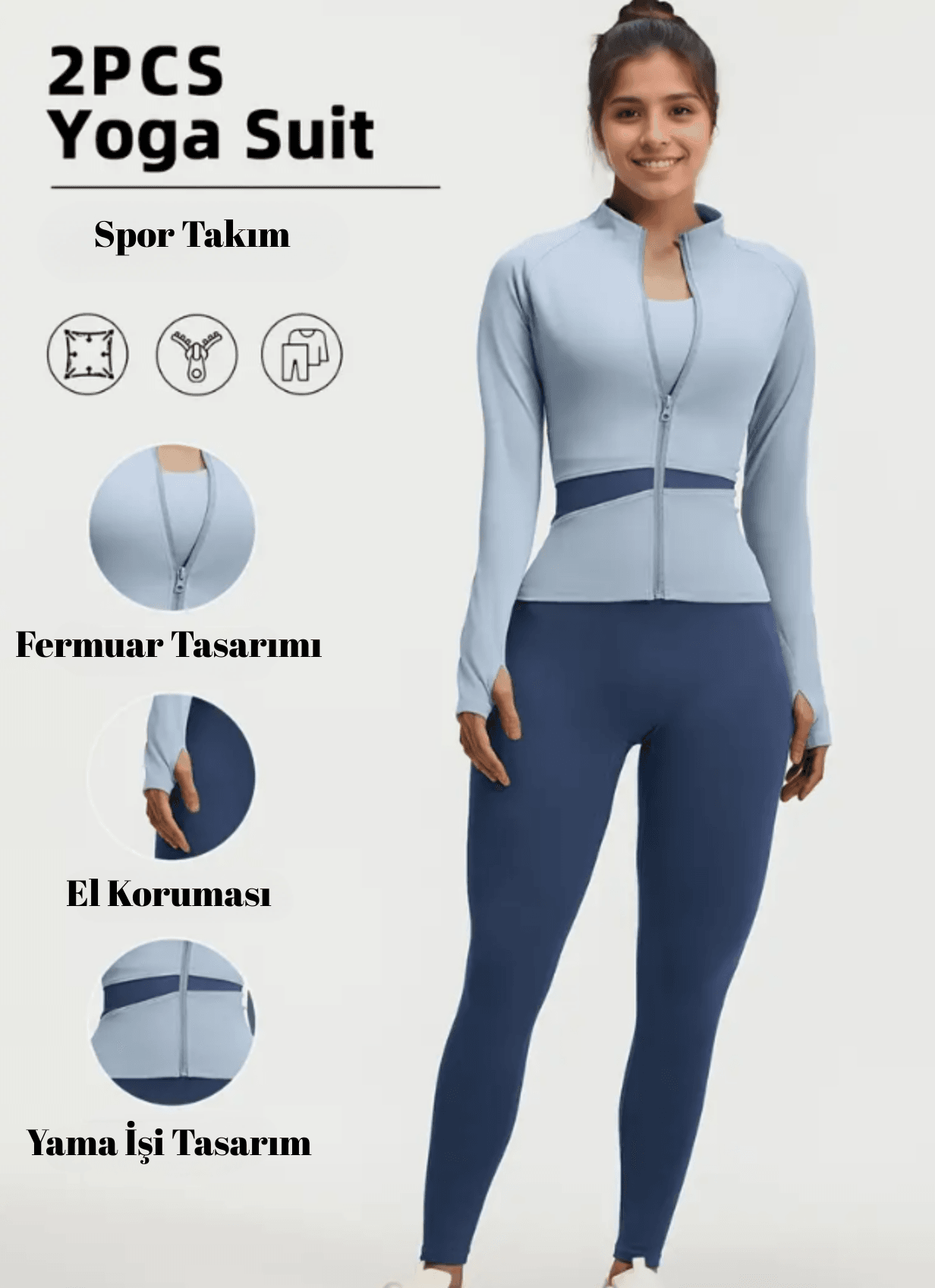 İki Parçalı Kadın Spor Takımı Mavi Atletik Üst ve Yüksek Bel Tayt - Koşu Fitness ve Yoga İçin Takım Esnek Spor Tayt