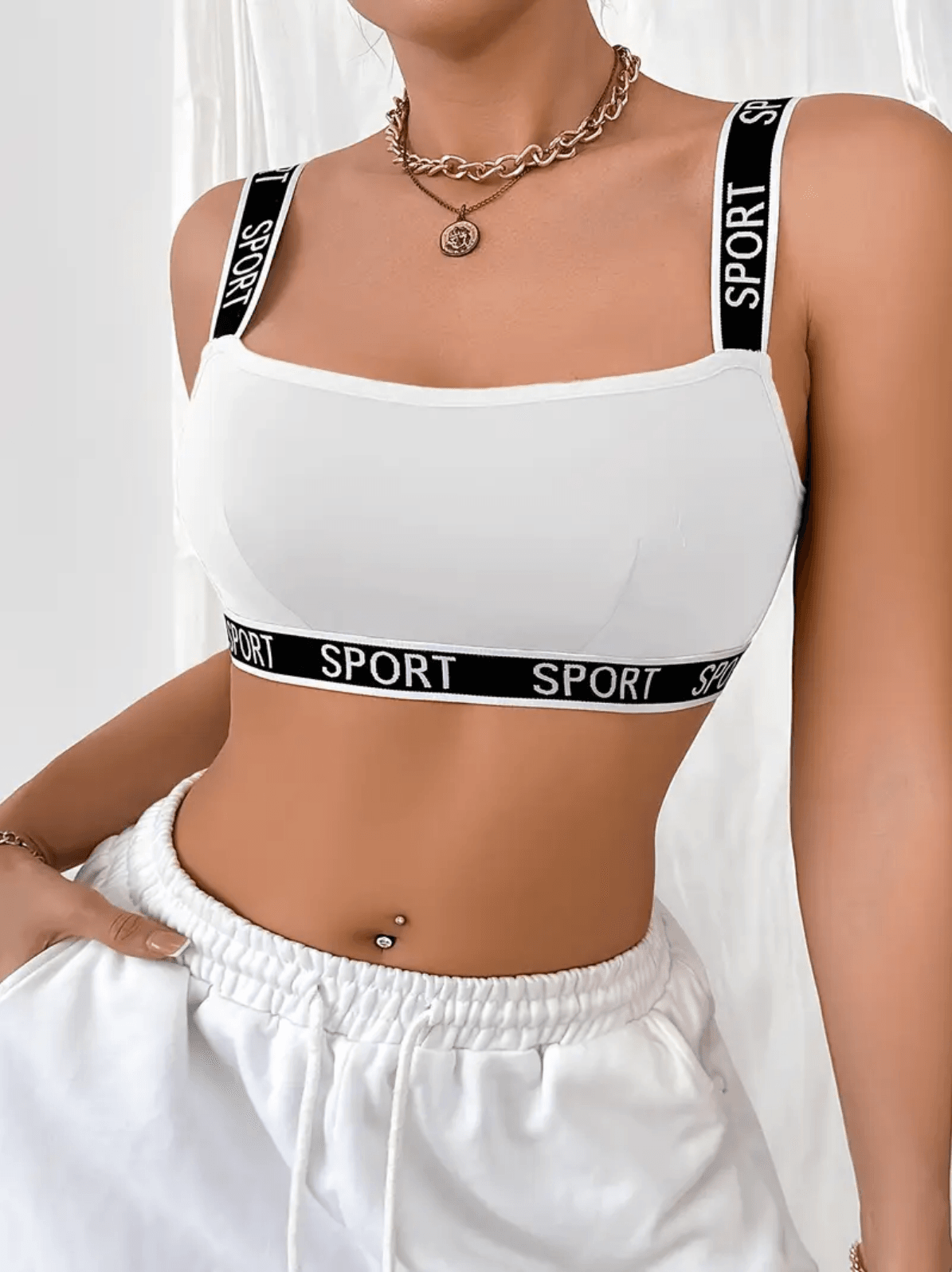 1 Adet Beyaz Harf Baskılı Kontrast Kenarlı Tam Kapsama Sütyen Şık Rahat Push Up Sütyen Spor Sütyeni