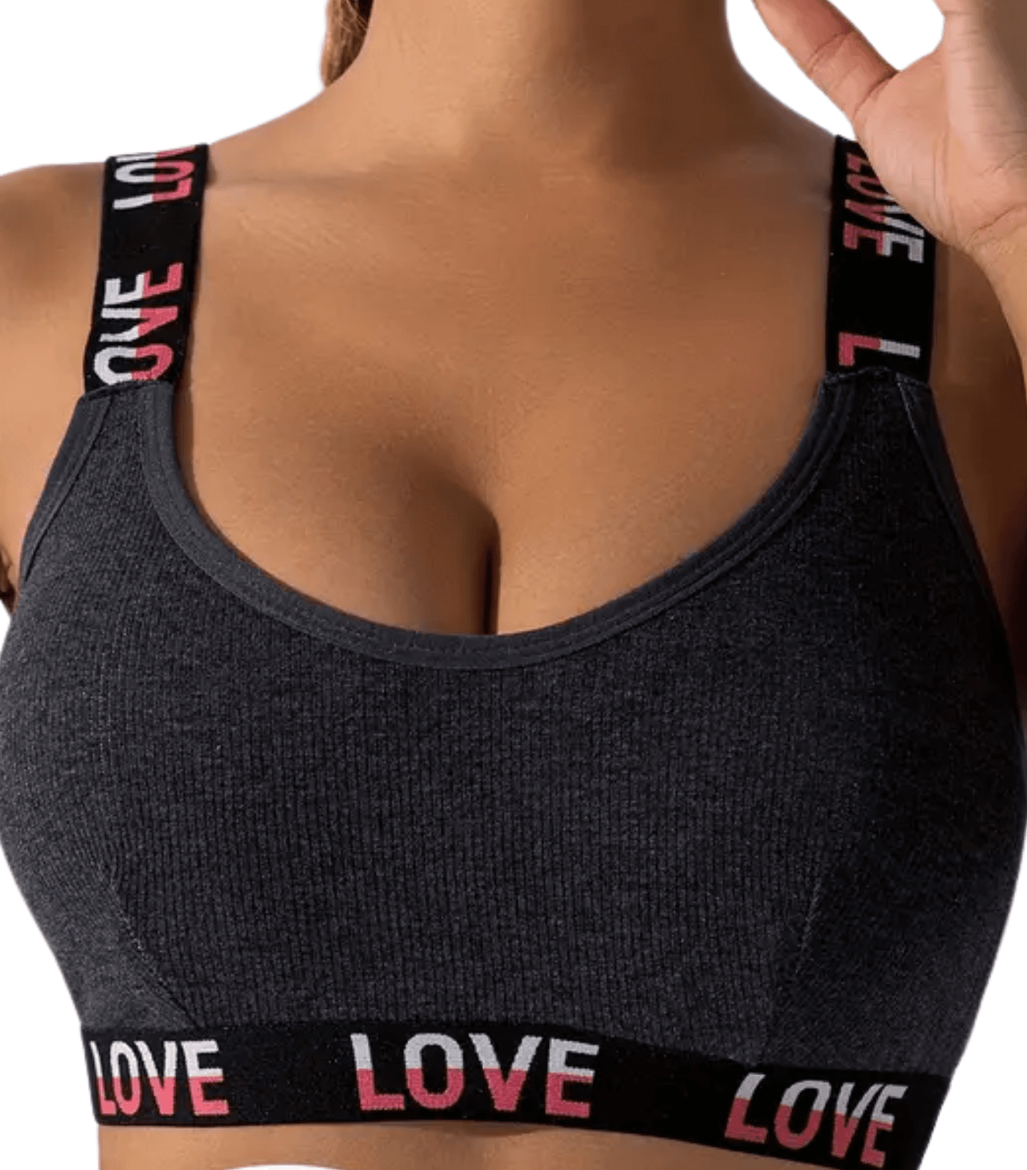 "LOVE" Baskılı Spor Sütyeni Koyu Gri - Açık Gri 2 Adet Nefes Alabilir Kendinden Çizgi Desenli Spor Sütyeni Rahat Giyim