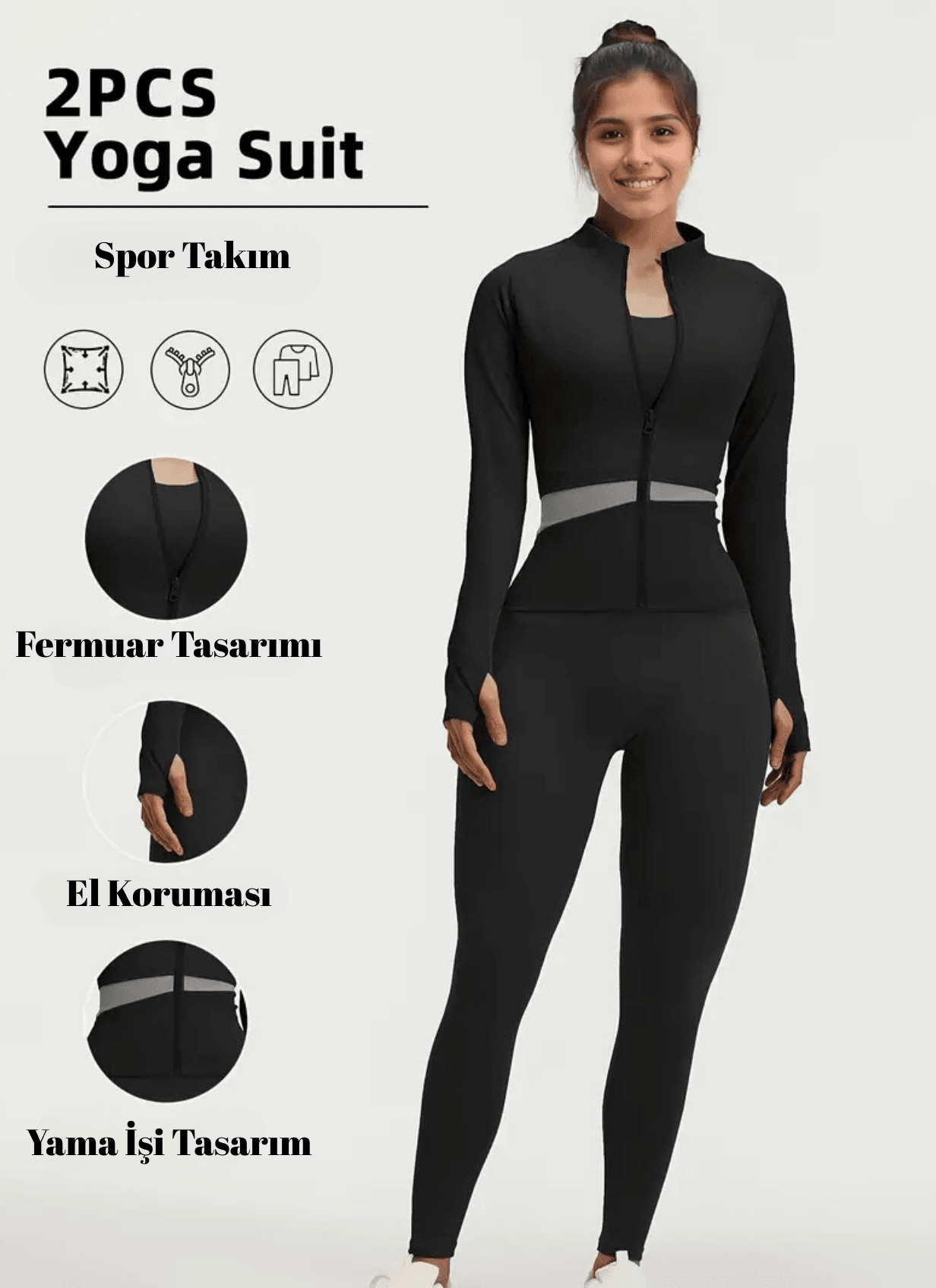 İki Parçalı Kadın Spor Takımı Siyah Atletik Üst ve Yüksek Bel Tayt - Koşu Fitness ve Yoga İçin Takım Esnek Spor Tayt